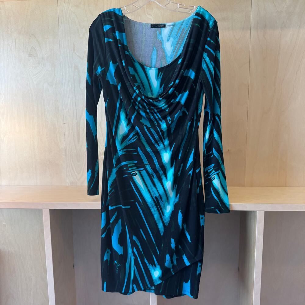 Josie Natori Cowl Neck Jersey Dress Blue Black Abstract Print Size S Statement - Picture 1 of 3